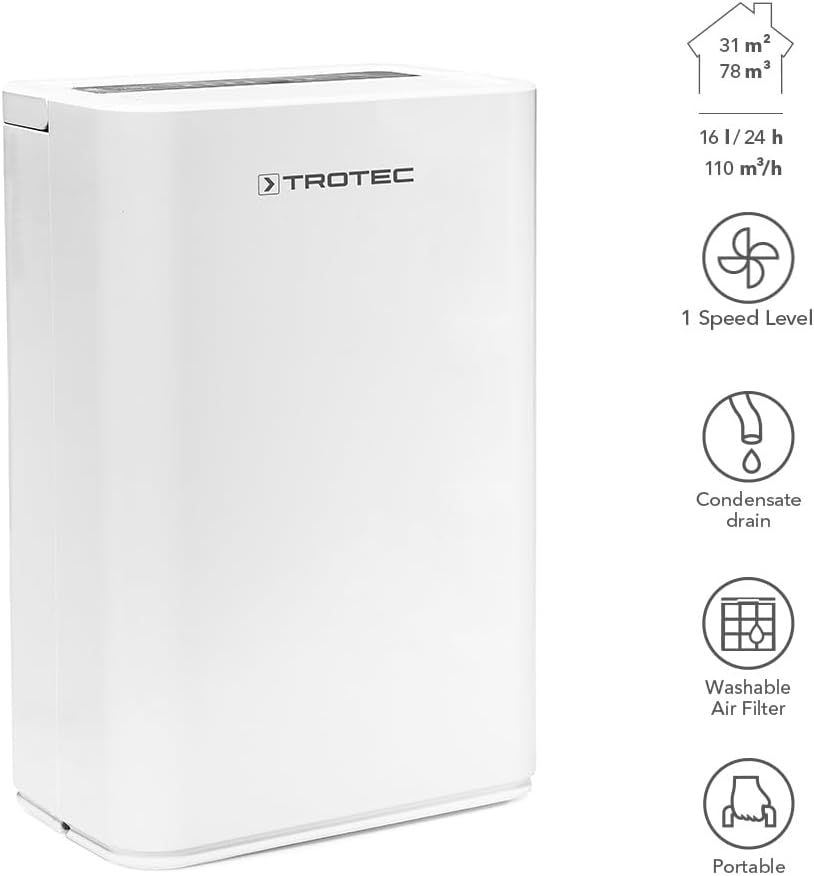 TROTEC Osuszacz powietrza elektryczny TTK 66 E – wydajność 24 L/dzień – powierzchnia 50 m² / 125 m³ – funkcja automatycznego wyłączania - do mieszkań i sypialni