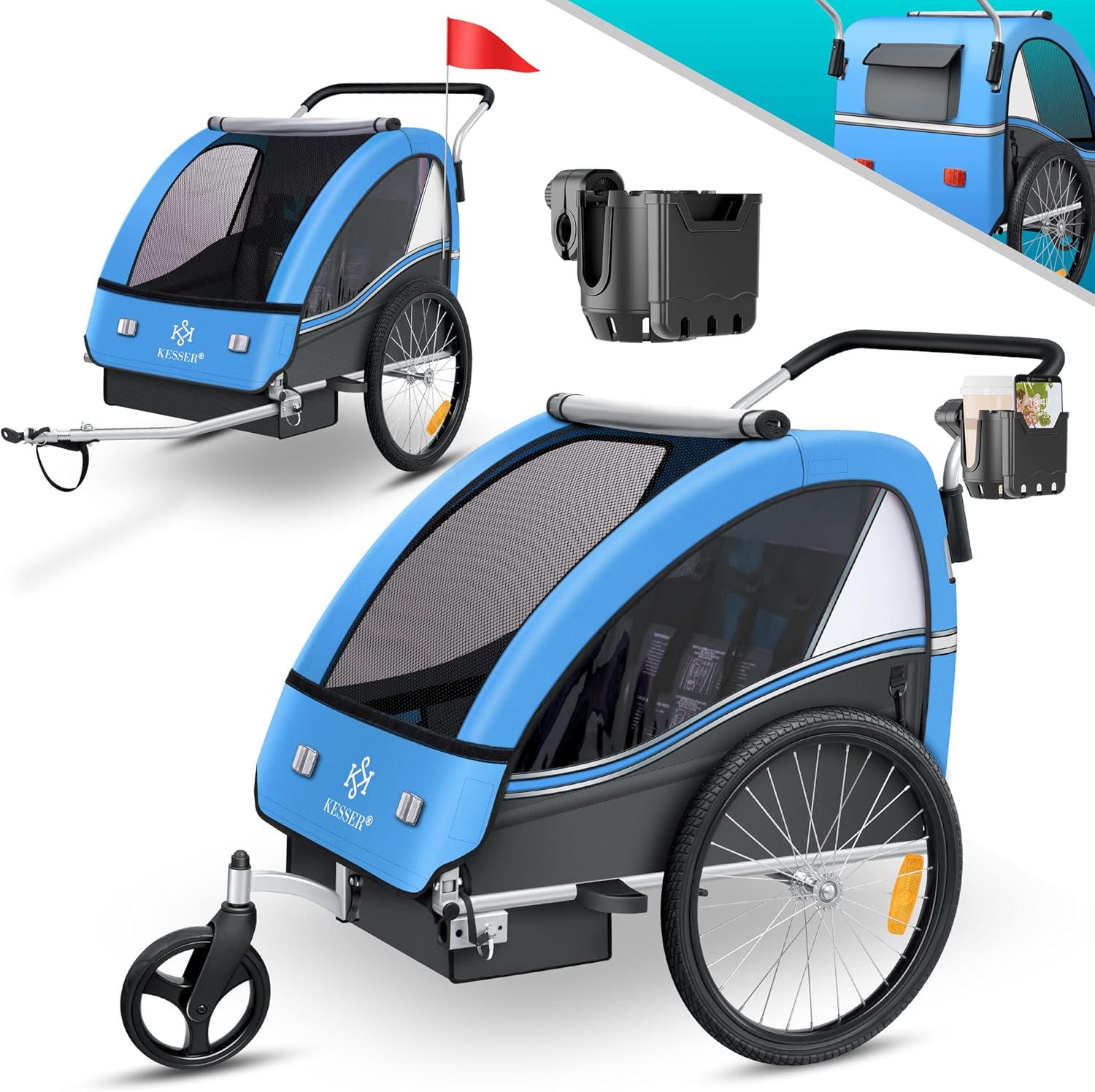 KESSER® Przyczepka rowerowa dla dzieci Sport-RX 2w1 z funkcją jazdy Przyczepka rowerowa dla dzieci + 5-punktowy pas bezpieczeństwa 360°