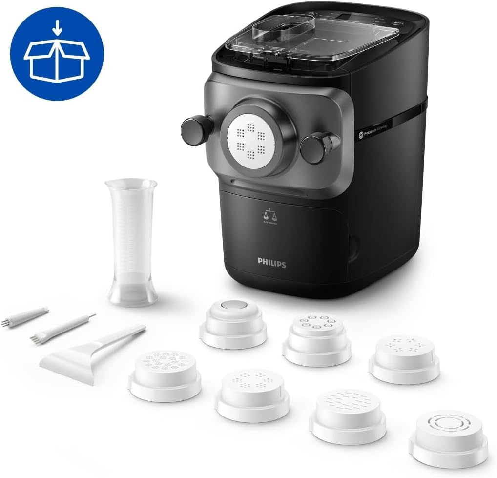 Philips Seria 7000 Urządzenie do wyrobu makaronu - Technologia ProExtrude, Automatyczne ważenie, 8 tarczy formujących, Idealne ciasto, Łatwe czyszczenie, Czarny (HR2665/93)