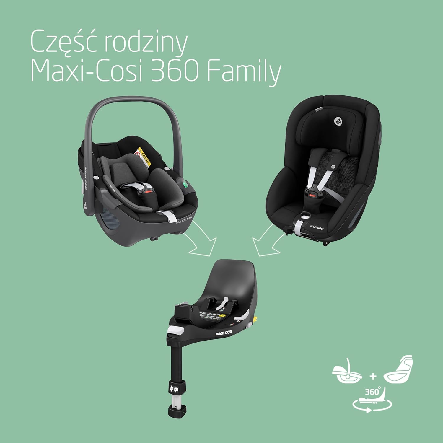 Maxi-Cosi Pearl 360 dla niemowlaka i-Size, Fotelik samochodowy obrotowy 360, od 3 miesięcy do 4 lat (61–105 cm), Obracanie jedną ręką, ClimaFlow, Uprząż z systemem Easy-In, G-CELL, Authentic Graphite