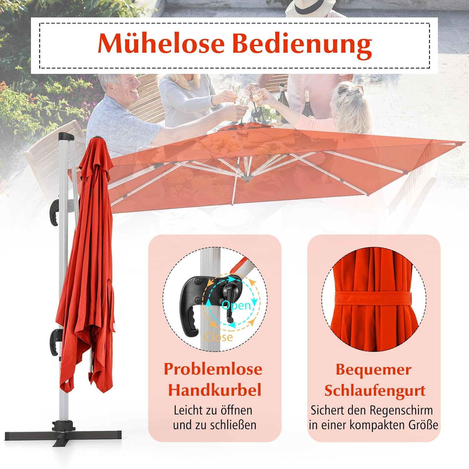 COSTWAY Parasol przeciwsłoneczny, prostokątny, 300 x 300 cm, duży parasol przeciwsłoneczny z korbą, parasol ogrodowy, odchylany o 360°, parasol tarasowy, do ogrodu, na taras, balkon (czarny)