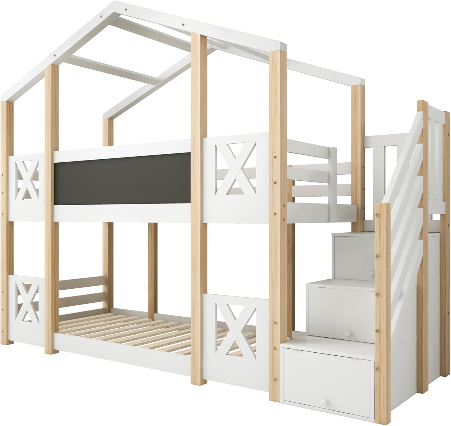 Dolamaní Łóżko domowe 90 x 200 cm ze schodami, łóżko piętrowe 90 x 200 cm, łóżko piętrowe z szufladą i zabezpieczeniem przed wypadnięciem, łóżko pojedyncze dla dzieci, 2 stelaże z listew, kolor