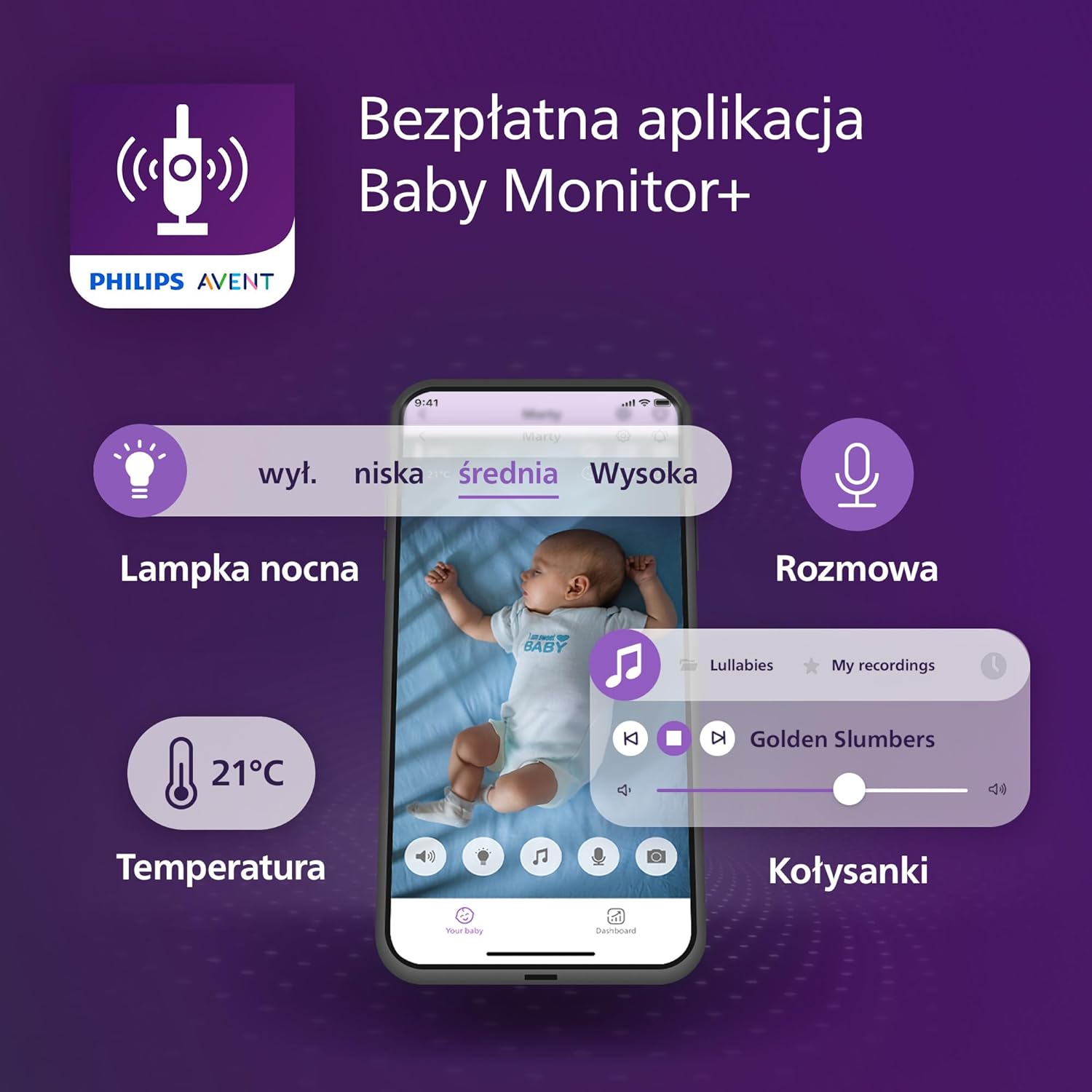 Philips AVENT Elektroniczna niania z łącznością Wi-Fi, wysokiej jakości kamerą HD, funkcją noktowizora, dwukierunkowym dźwiękiem i czasem pracy ekranu 12 godzin w trybie Eco, SCD951/26