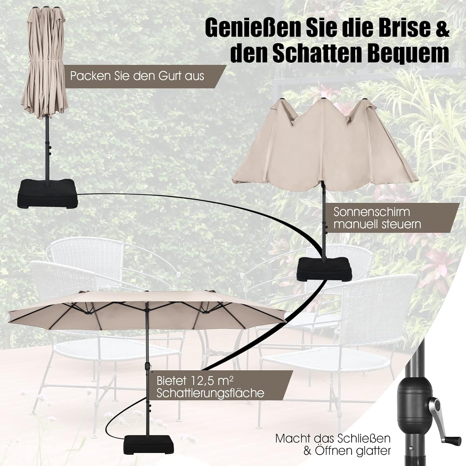 COSTWAY Parasol przeciwsłoneczny, prostokątny, 300 x 300 cm, duży parasol przeciwsłoneczny z korbą, parasol ogrodowy, odchylany o 360°, parasol tarasowy, do ogrodu, na taras, balkon (czarny)