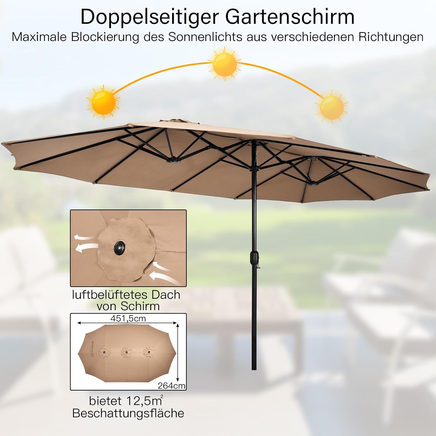 COSTWAY Parasol przeciwsłoneczny, prostokątny, 300 x 300 cm, duży parasol przeciwsłoneczny z korbą, parasol ogrodowy, odchylany o 360°, parasol tarasowy, do ogrodu, na taras, balkon (czarny)