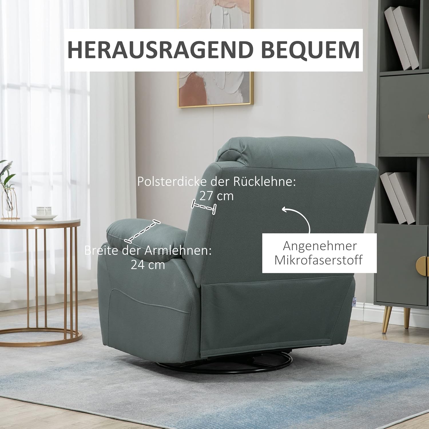 HOMCOM fotel rozkładany 135°, obrotowy fotel TV z podnóżkiem do sypialni w salonie, ładowność do 150 kg poliester zielony