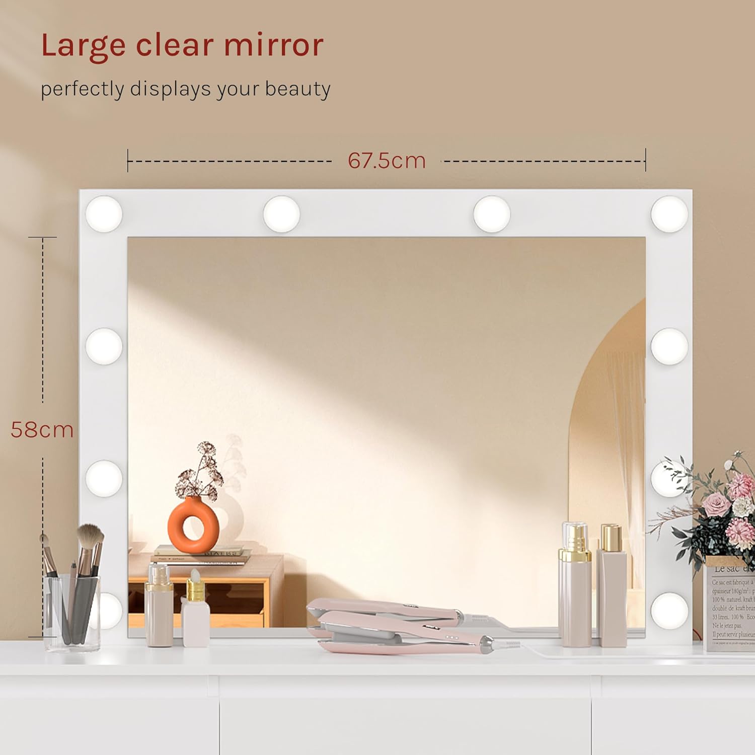 WOLTU MB6124ws Toaletka z oświetleniem i wieloma gniazdkami, toaletka z dużym lustrem LED i 7 szufladami, biurko do makijażu, 110 x 39,5 x 140,5 cm, biała nowoczesna komoda do sypialni