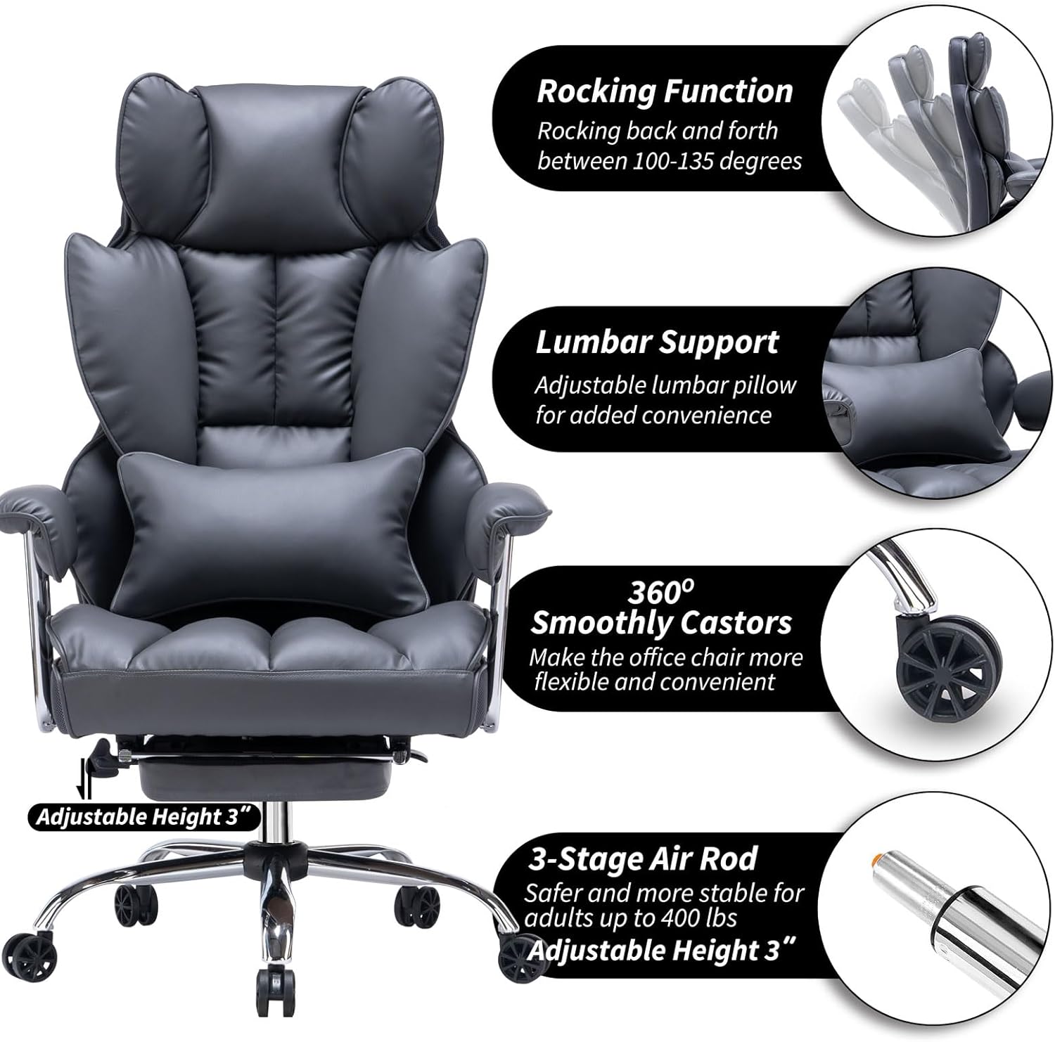 Efomao ergonomiczny fotel biurowy, krzesło kierownicze z PU skóry, fotel biurowy do 200 kg z podnóżkiem i podpórką lędźwiową, regulowane krzesło z wysokim oparciem