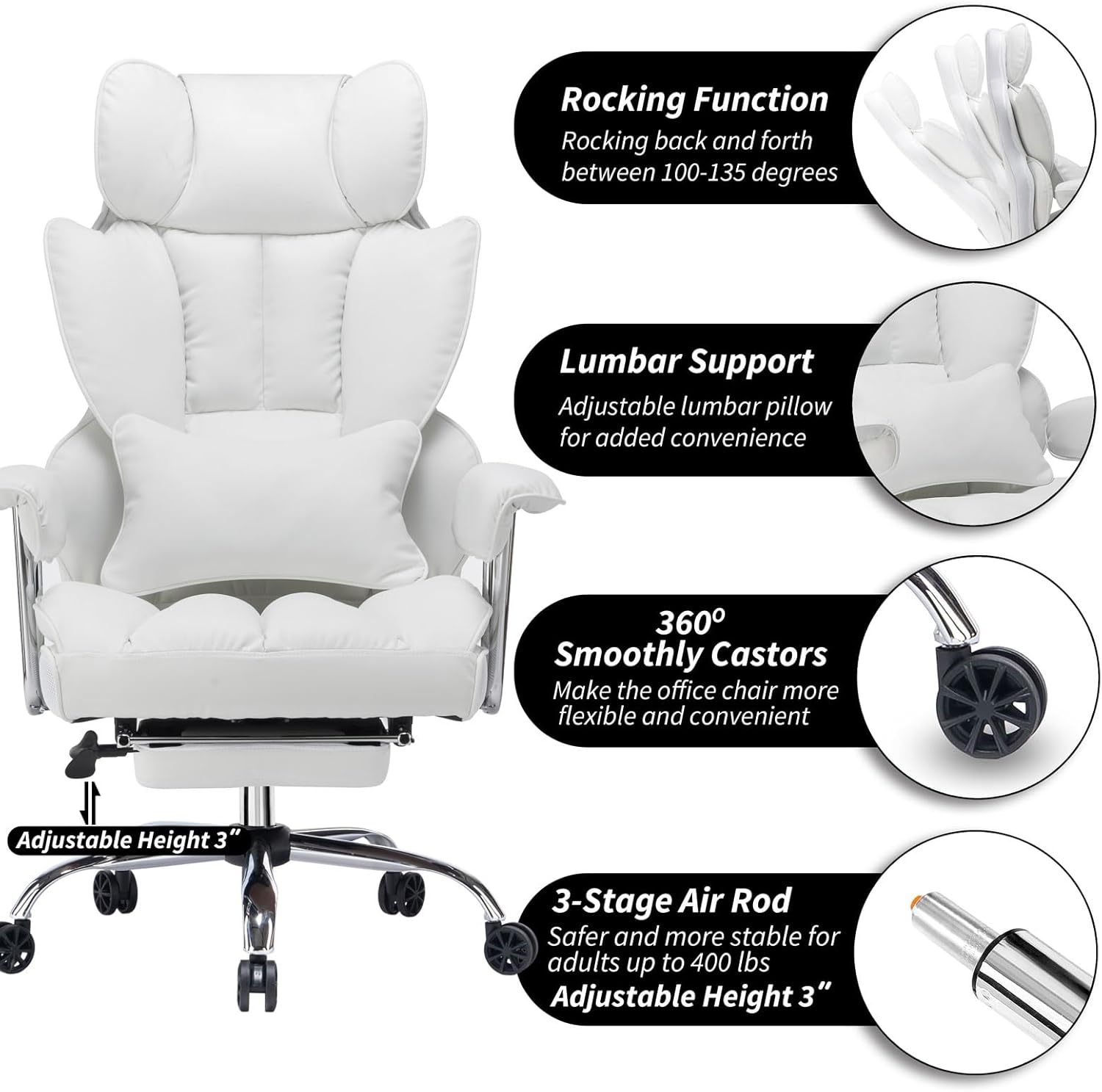 Efomao ergonomiczny fotel biurowy, krzesło kierownicze z PU skóry, fotel biurowy do 200 kg z podnóżkiem i podpórką lędźwiową, regulowane krzesło z wysokim oparciem