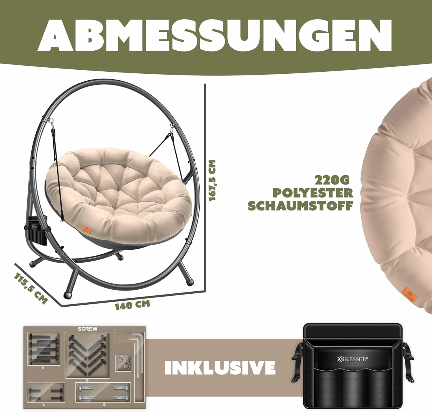 KESSER® Fotel wiszący ze stalowym stelażem, huśtawka, do 150 kg, do użytku wewnątrz i na zewnątrz, z poduszką i kieszenią boczną, kosz wiszący, piankowa poduszka, idealny do salonu i ogrodu