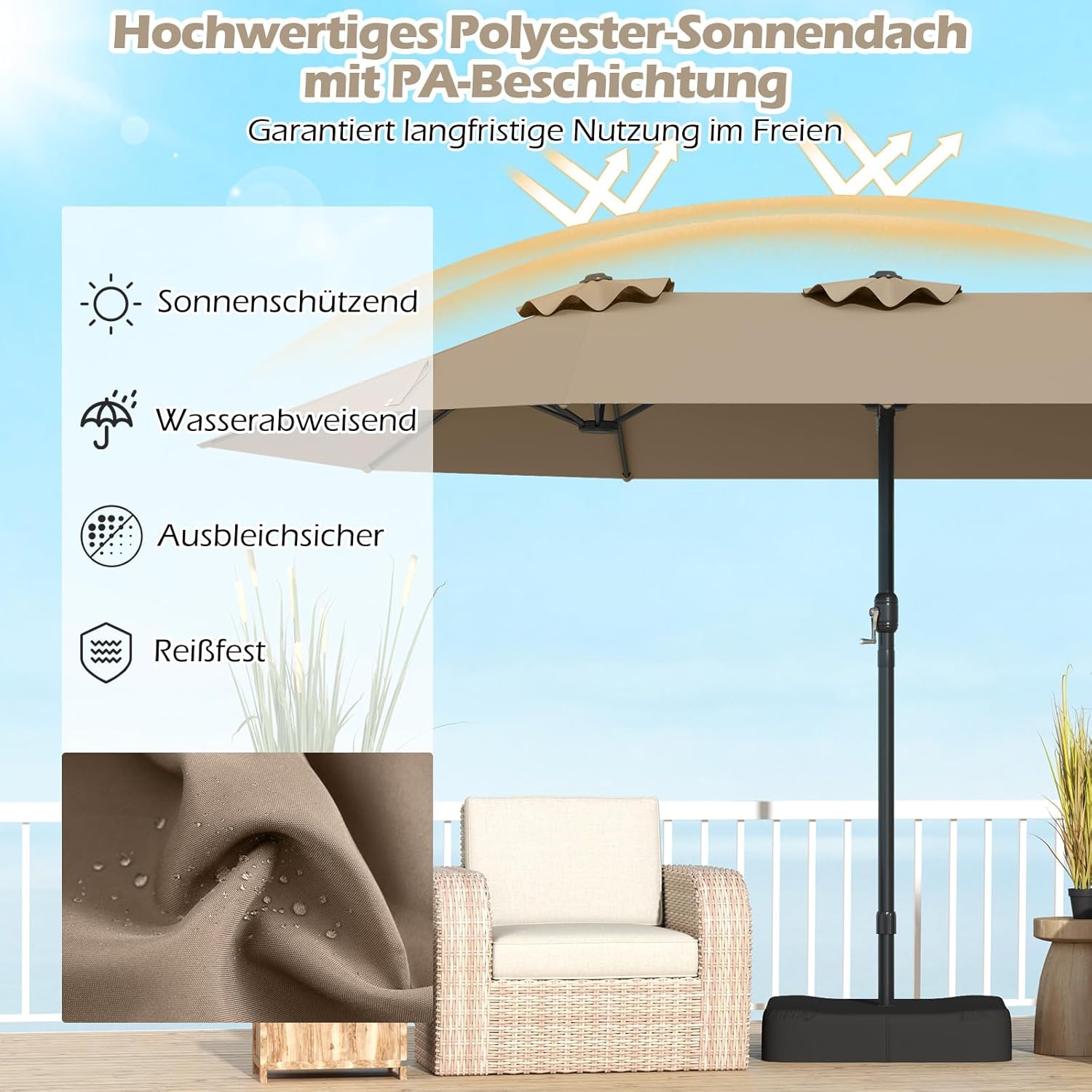 COSTWAY Parasol przeciwsłoneczny, prostokątny, 300 x 300 cm, duży parasol przeciwsłoneczny z korbą, parasol ogrodowy, odchylany o 360°, parasol tarasowy, do ogrodu, na taras, balkon (czarny)