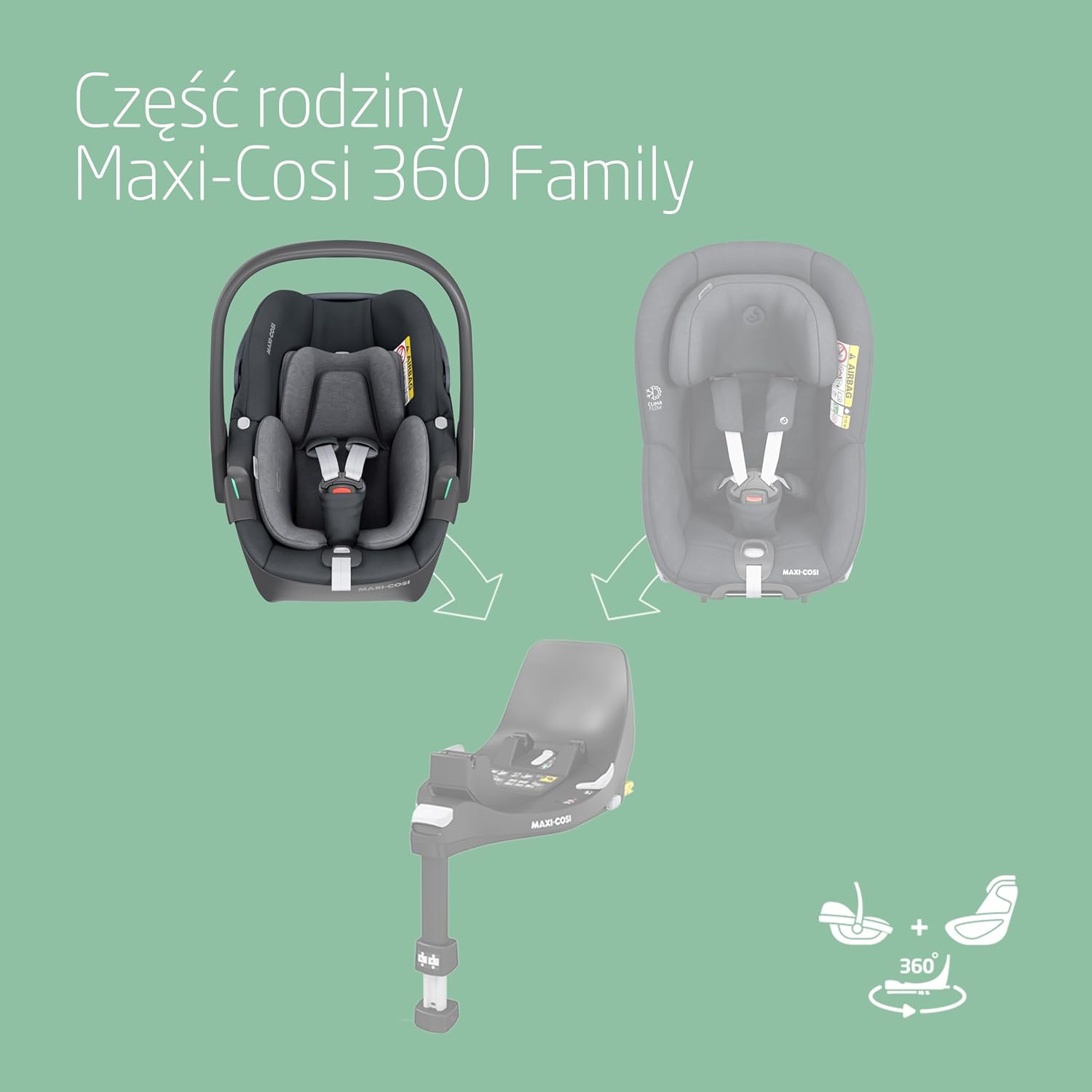 Maxi-Cosi Pearl 360 dla niemowlaka i-Size, Fotelik samochodowy obrotowy 360, od 3 miesięcy do 4 lat (61–105 cm), Obracanie jedną ręką, ClimaFlow, Uprząż z systemem Easy-In, G-CELL, Authentic Graphite