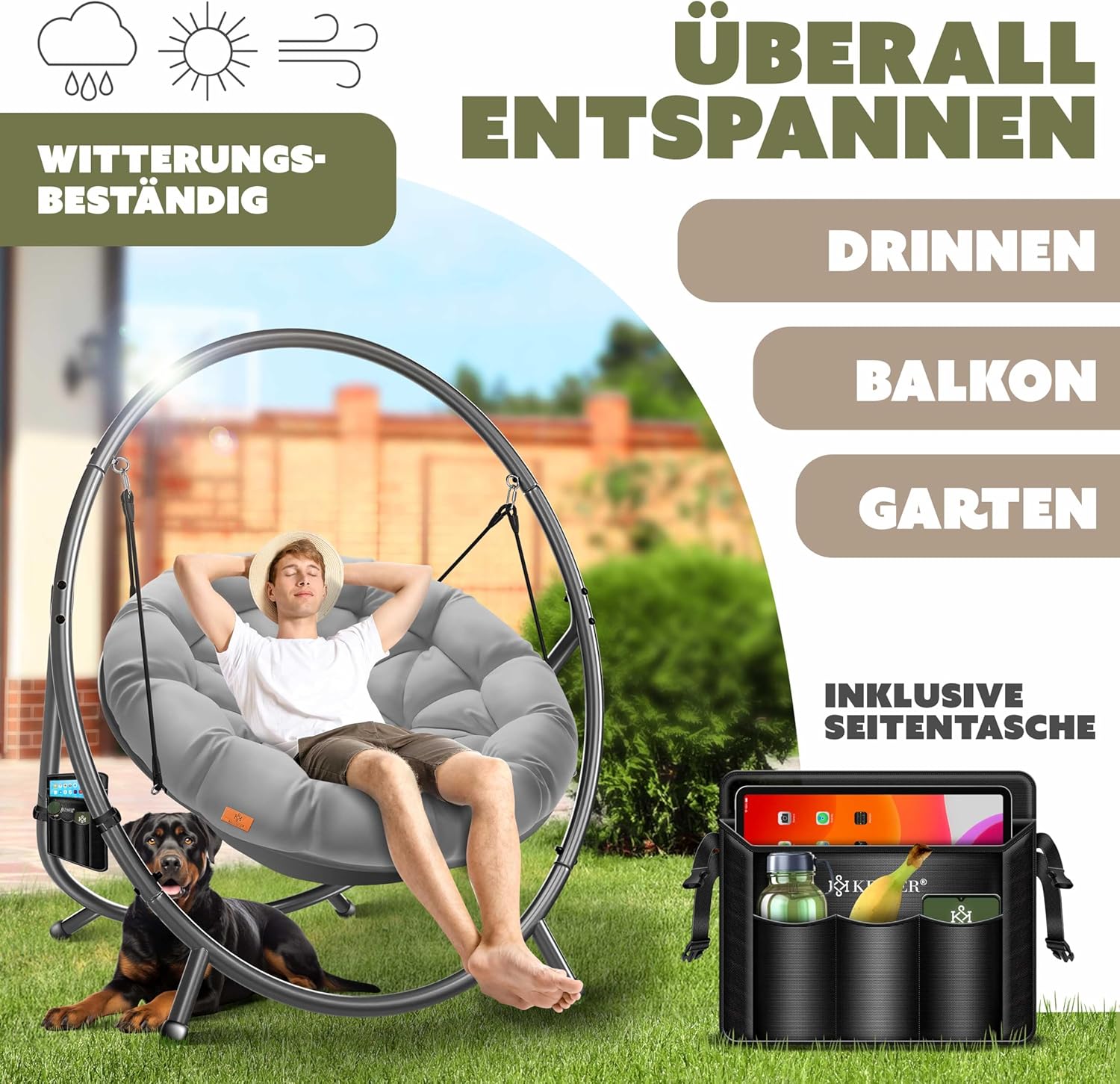 KESSER® Fotel wiszący ze stalowym stelażem, huśtawka, do 150 kg, do użytku wewnątrz i na zewnątrz, z poduszką i kieszenią boczną, kosz wiszący, piankowa poduszka, idealny do salonu i ogrodu