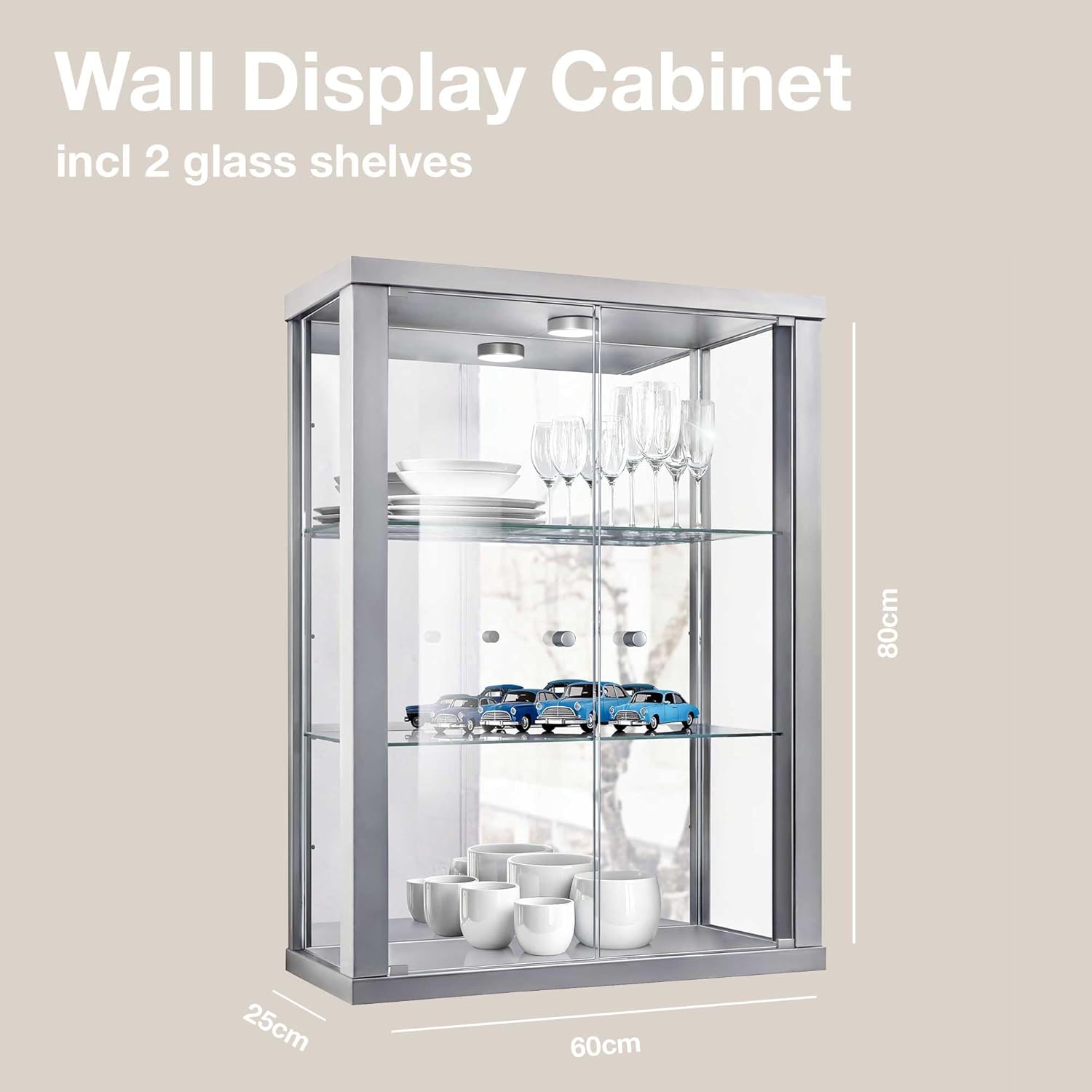 K-Möbel witryna ścienna (80x60x25cm) – Wyprodukowana w Niemczech – Wisząca witryna szklana z 2 regulowanymi półkami z ESG, lustrem i oświetleniem LED w kolorze czarnym Szafka z przeszklonymi drzwiami