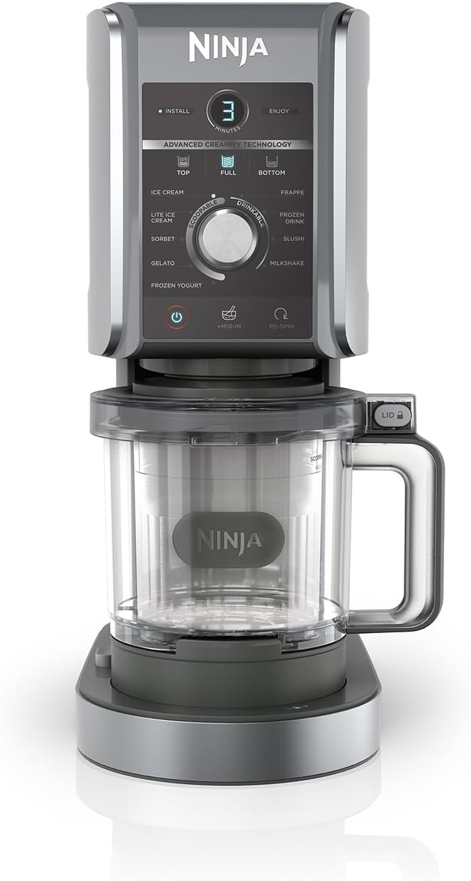 Ninja CREAMi Deluxe Maszyna do lodów i deserów z 2 tacami, 10 funkcji, robi lody, gelato, sorbety, mrożony jogurt, koktajle mleczne i nie tylko, opcja smakowa 2 w 1, srebrna, NC501EU