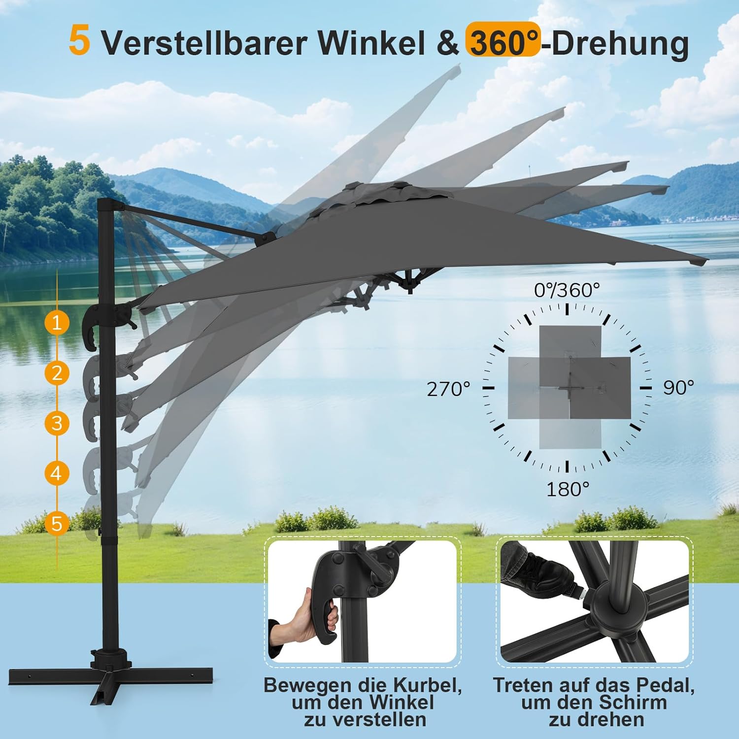 COSTWAY Parasol przeciwsłoneczny, prostokątny, 300 x 300 cm, duży parasol przeciwsłoneczny z korbą, parasol ogrodowy, odchylany o 360°, parasol tarasowy, do ogrodu, na taras, balkon (czarny)