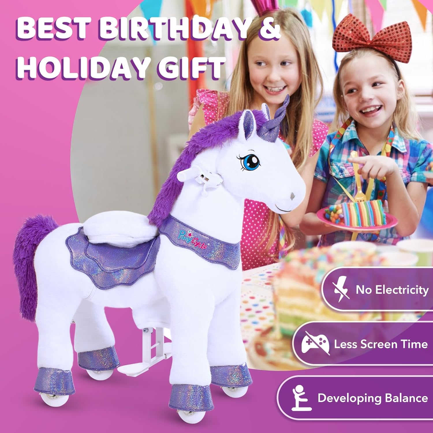 PonyCycle 2023 Nowy Model E Jednorożec do Jazdy na Mechanicznym Chodzącym Jednorożcu z Hamulcem (Fioletowy/Rozmiar 4 dla Dzieci w Wieku 4-8 Lat) Hulajnoga dla Maluchów do Jazdy na Koniu - E413