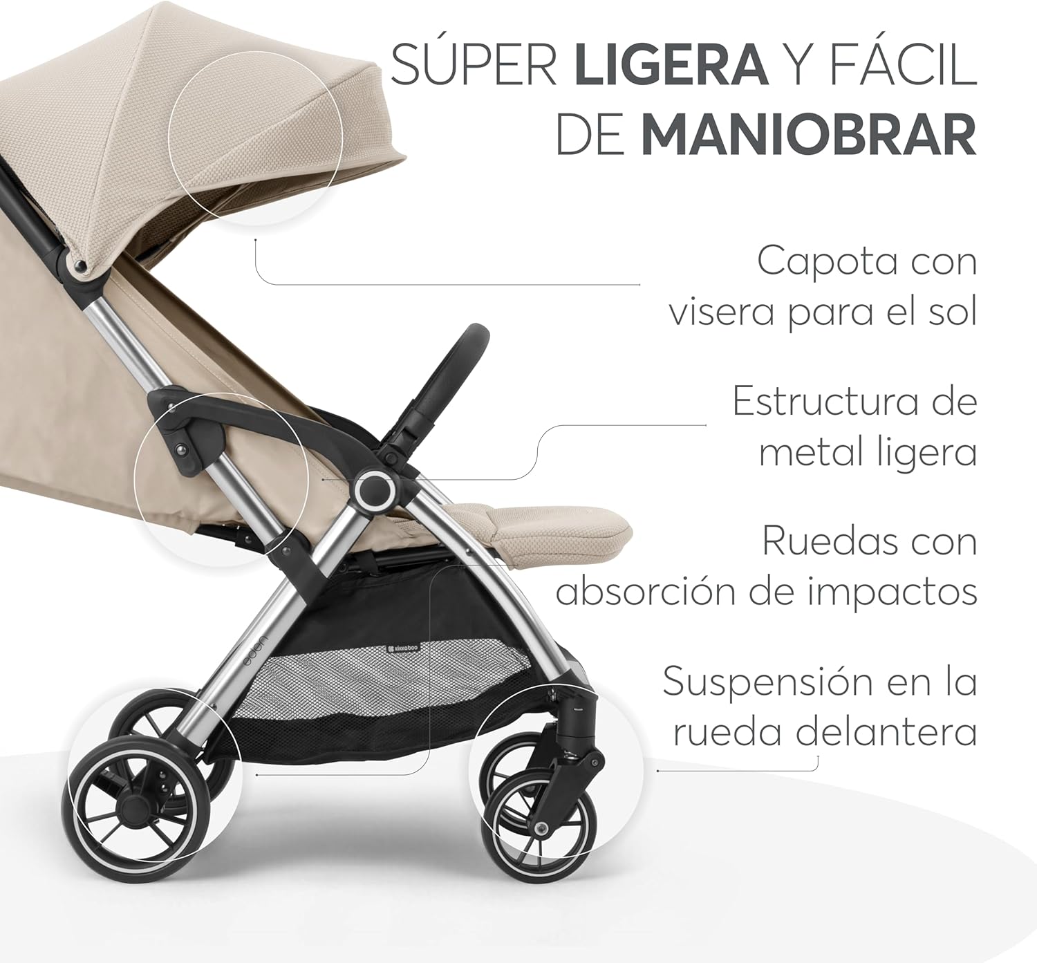 KikkaBoo EDEN Buggy, wózek dziecięcy do 22 kg, automatyczne składanie, pozycja nachylenia, ultralekki, kompaktowy, beżowy