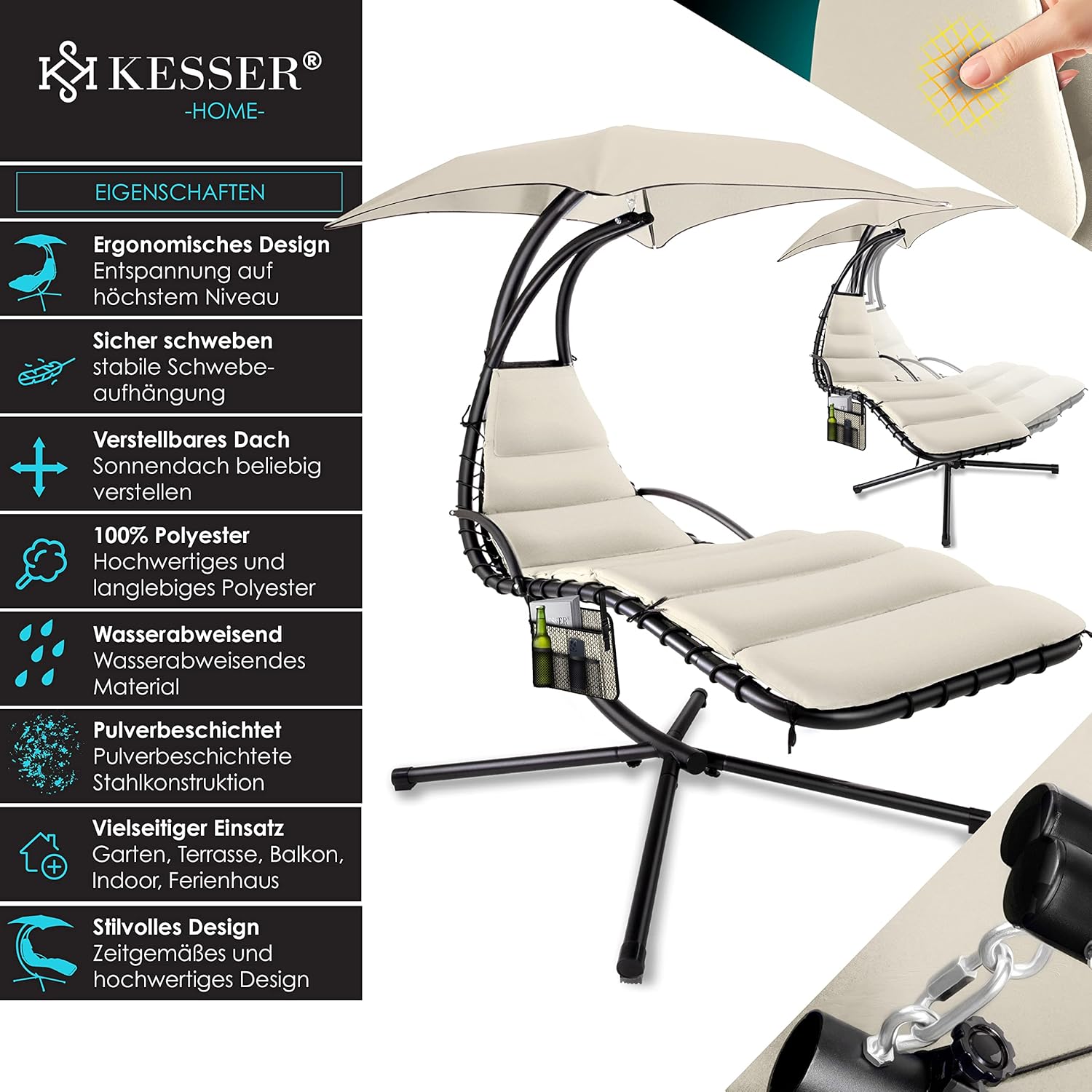 KESSER® Leżak wiszący z parasolem przeciwsłonecznym, wys. 200, dł. 194, szer. 100 cm, leżak relaksacyjny, hamak, obciążenie do 120 kg, leżanka bujana, poduszka na kark, w zestawie torba, Beżowy