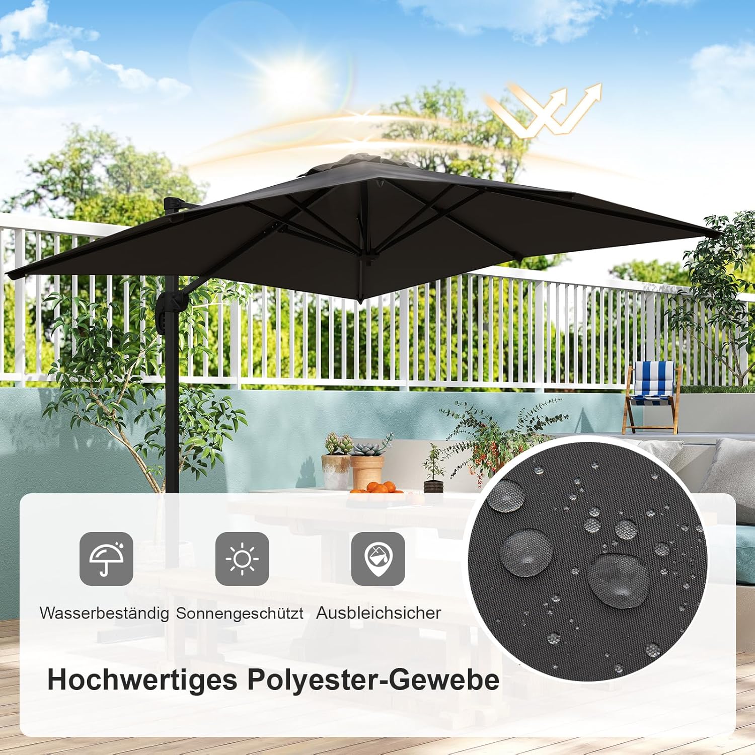 COSTWAY Parasol przeciwsłoneczny, prostokątny, 300 x 300 cm, duży parasol przeciwsłoneczny z korbą, parasol ogrodowy, odchylany o 360°, parasol tarasowy, do ogrodu, na taras, balkon (czarny)