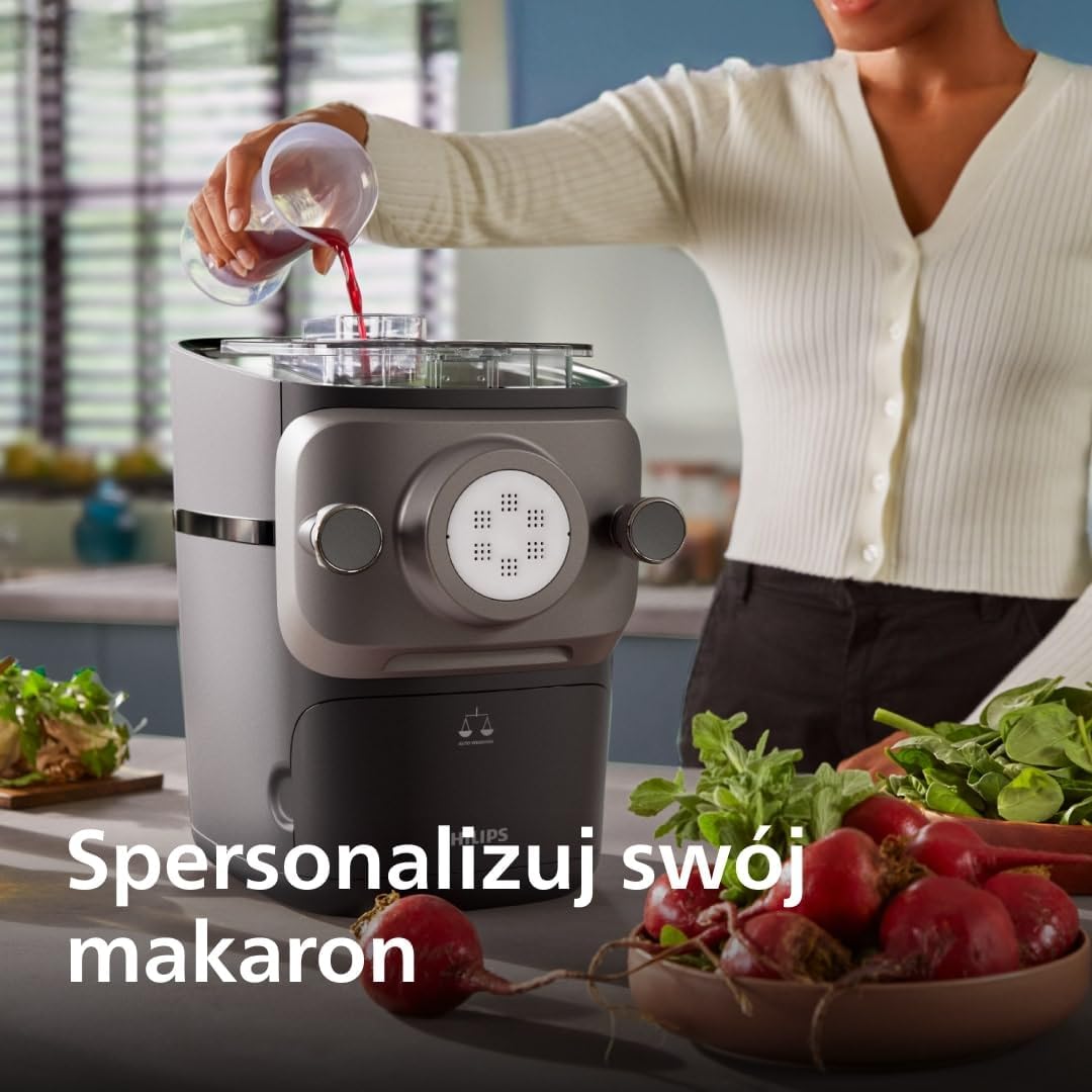 Philips Seria 7000 Urządzenie do wyrobu makaronu - Technologia ProExtrude, Automatyczne ważenie, 8 tarczy formujących, Idealne ciasto, Łatwe czyszczenie, Czarny (HR2665/93)
