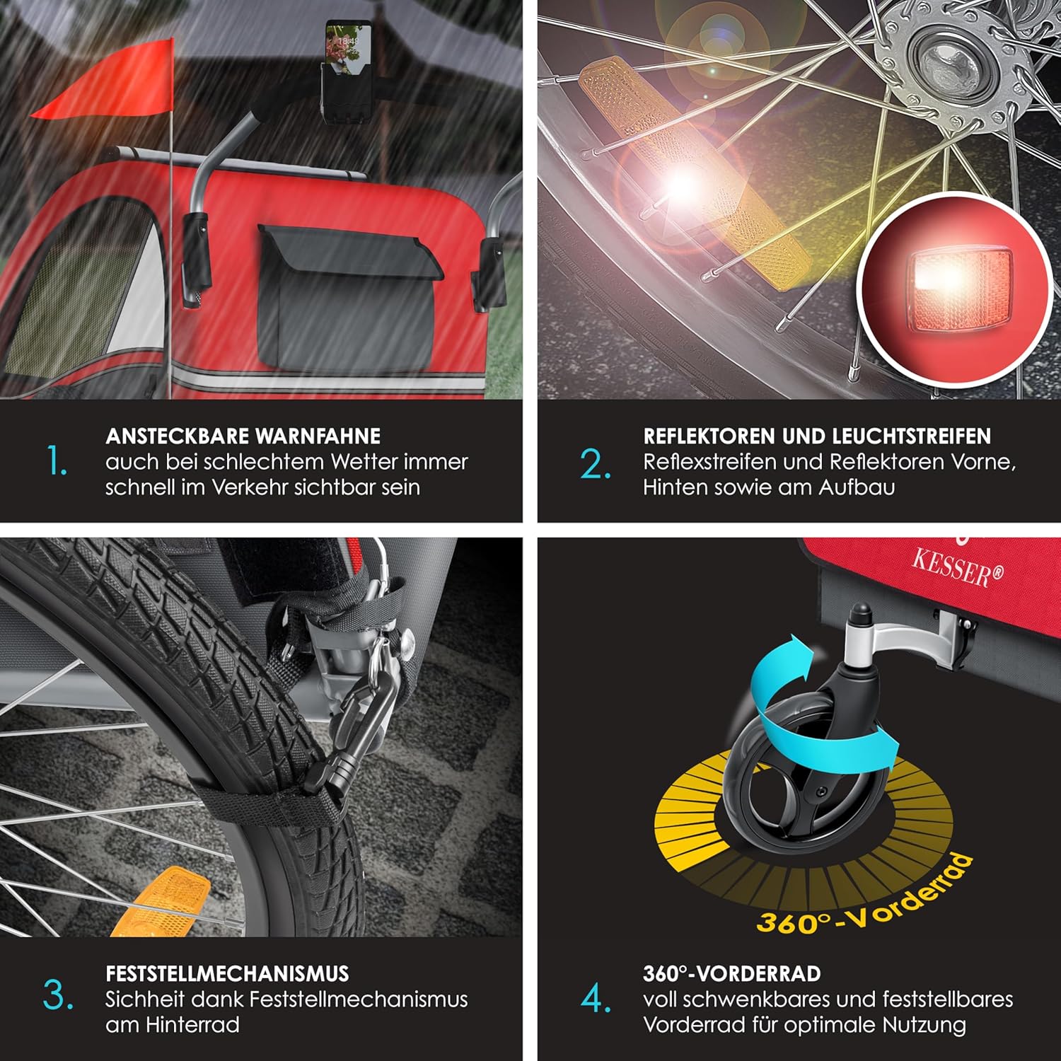 KESSER® Przyczepka rowerowa dla dzieci Sport-RX 2w1 z funkcją jazdy Przyczepka rowerowa dla dzieci + 5-punktowy pas bezpieczeństwa 360°