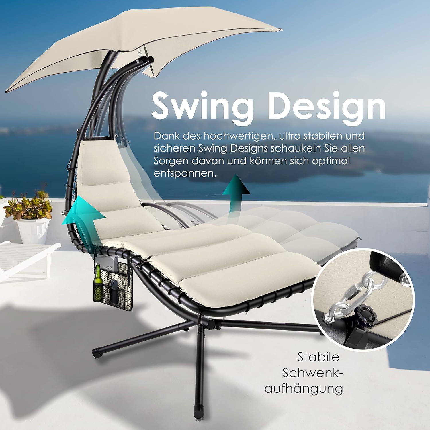 KESSER® Leżak wiszący z parasolem przeciwsłonecznym, wys. 200, dł. 194, szer. 100 cm, leżak relaksacyjny, hamak, obciążenie do 120 kg, leżanka bujana, poduszka na kark, w zestawie torba, Beżowy