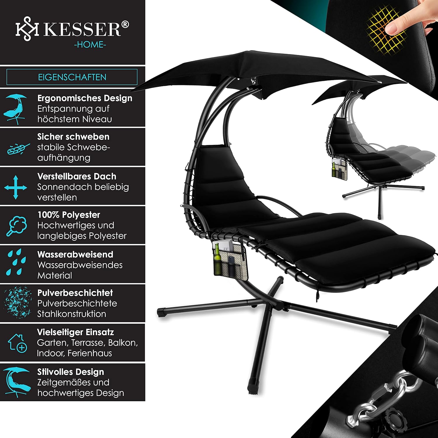 KESSER® Leżak wiszący z parasolem przeciwsłonecznym, wys. 200, dł. 194, szer. 100 cm, leżak relaksacyjny, hamak, obciążenie do 120 kg, leżanka bujana, poduszka na kark, w zestawie torba, Beżowy