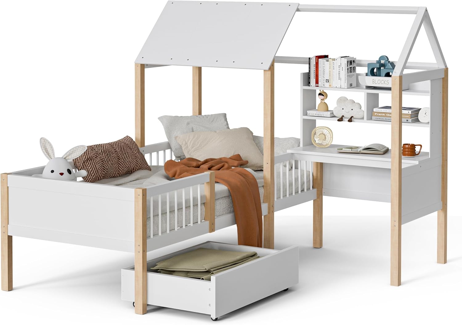 BXEYXE 90 x 200 cm łóżko dziecięce z zabezpieczeniem przed wypadnięciem i stelażem, biurko w kształcie litery L i regał na książki, szuflady na kółkach, wielofunkcyjne łóżko domowe z litego drewna