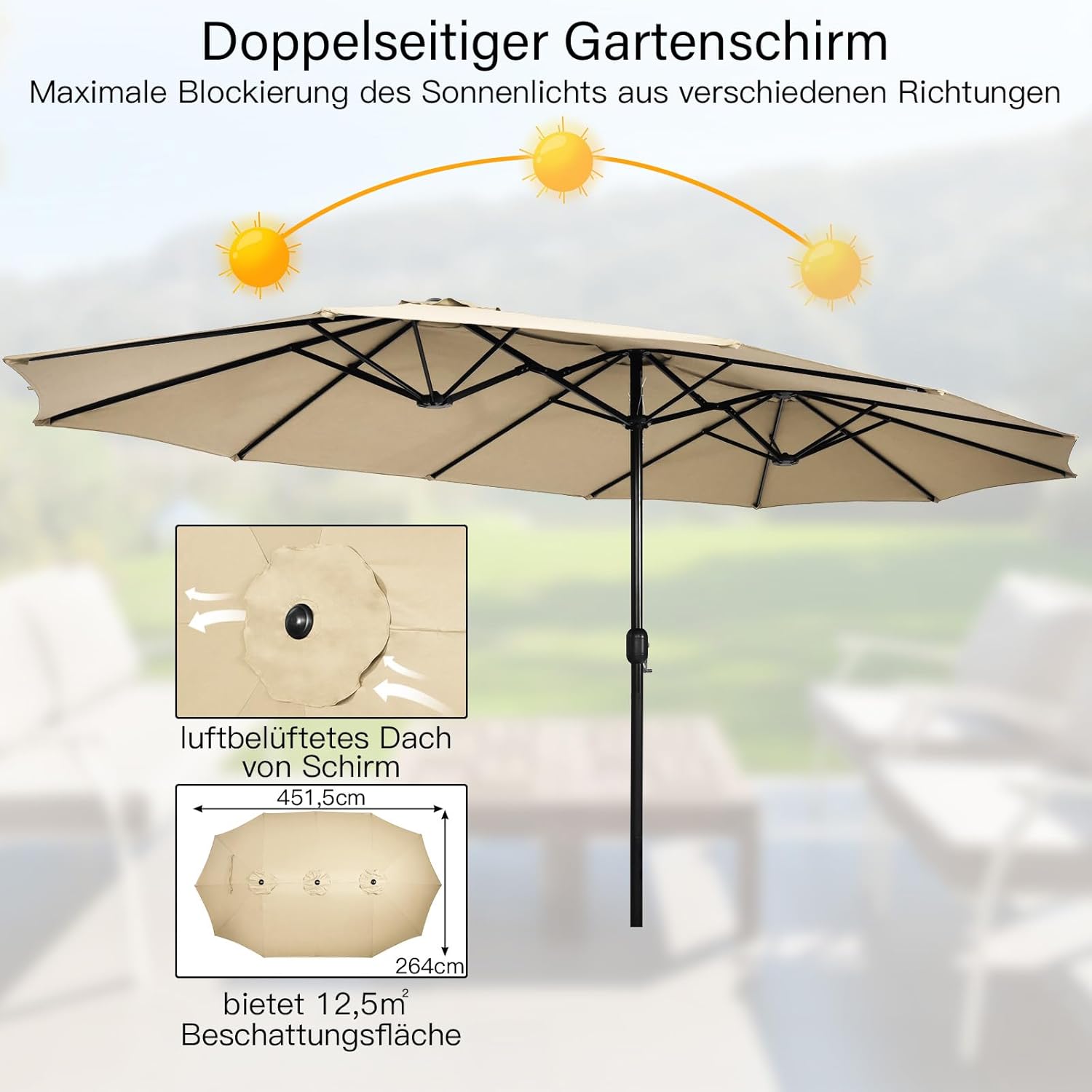 COSTWAY Parasol przeciwsłoneczny, prostokątny, 300 x 300 cm, duży parasol przeciwsłoneczny z korbą, parasol ogrodowy, odchylany o 360°, parasol tarasowy, do ogrodu, na taras, balkon (czarny)