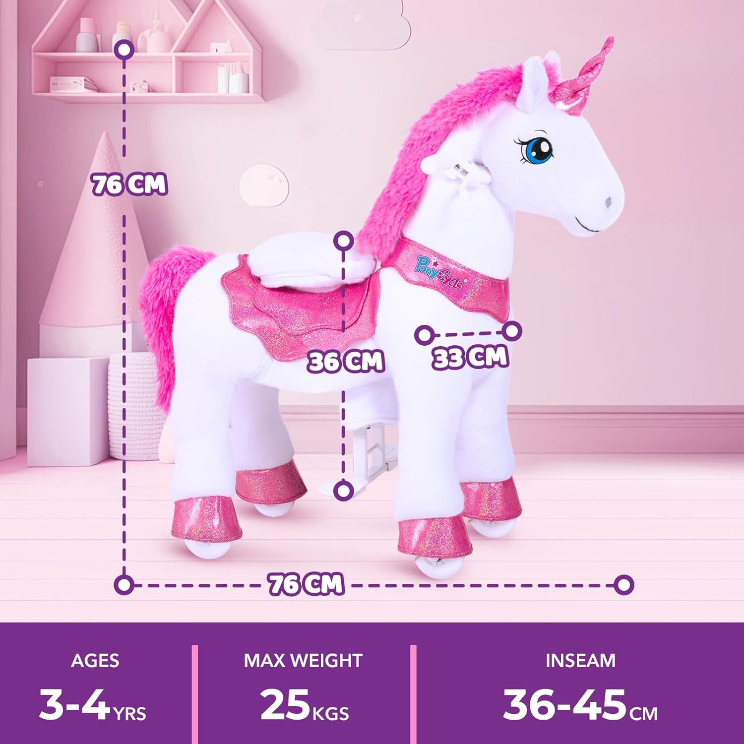 PonyCycle 2023 Nowy Model E Jednorożec do Jazdy na Mechanicznym Chodzącym Jednorożcu z Hamulcem (Fioletowy/Rozmiar 4 dla Dzieci w Wieku 4-8 Lat) Hulajnoga dla Maluchów do Jazdy na Koniu - E413