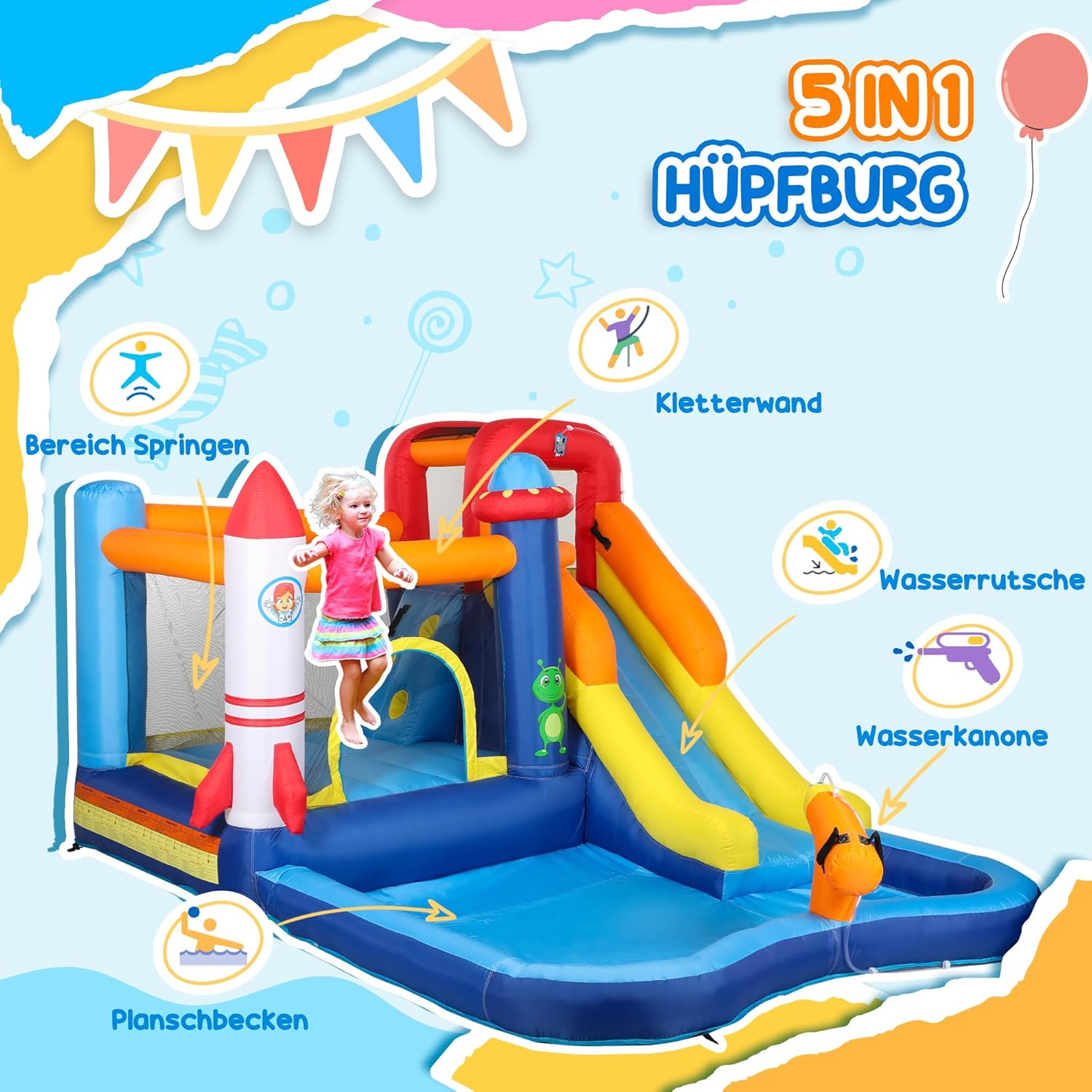 AIYAPLAY Dmuchany zamek z dmuchawą, zjeżdżalnią, brodzikiem, ścianką wspinaczkową, skokiem, armatą wodną, nadmuchiwany zamek z torbą do przenoszenia, do użytku wewnątrz i na zewnątrz, dla dzieci w