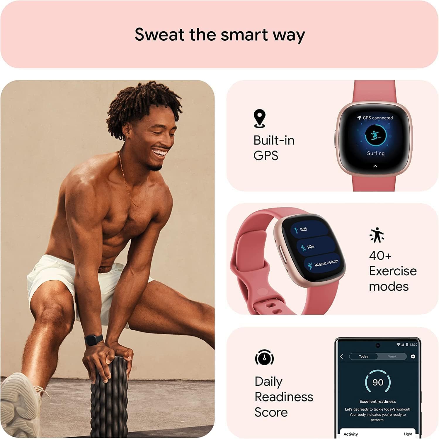 Fitbit Versa 4: Smartwatch aktywnosci fitness z wbudowanym systemem GPS, oraz z żywotnością baterii aż do 6 dni. Kompantybilny z systemem iOS & Android