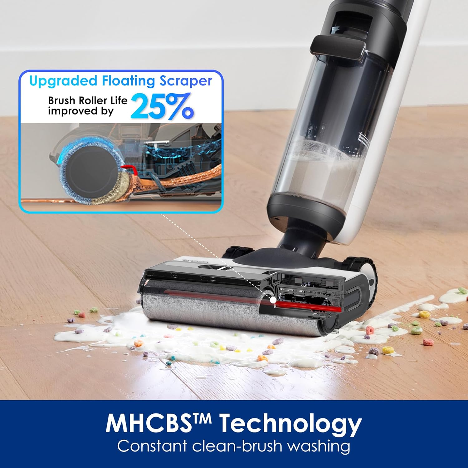 Tineco Floor ONE S7 Stretch Ultra Bezprzewodowy Odkurzacze na sucho i mokro, zapobiegająca splątaniu 180°, czas pracy 50 minut, samooczyszczanie Flashdry 85℃, dwustronne czyszczenie krawędzi