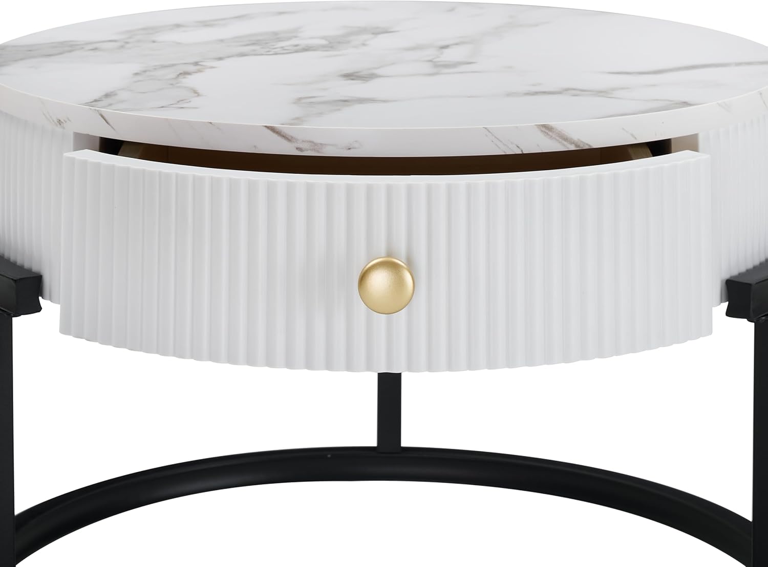 Ginhow Stolik kawowy, okrągły, biały i złoty, 2-częściowy zestaw, stolik kawowy o wyglądzie marmuru, okrągły stolik kawowy z 1 szufladą, nowoczesny stolik pomocniczy, złoty, okrągły, Ø 70 x wys. 45