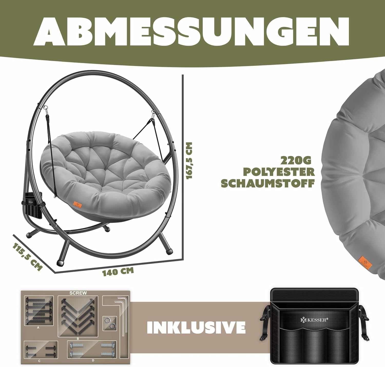 KESSER® Fotel wiszący ze stalowym stelażem, huśtawka, do 150 kg, do użytku wewnątrz i na zewnątrz, z poduszką i kieszenią boczną, kosz wiszący, piankowa poduszka, idealny do salonu i ogrodu