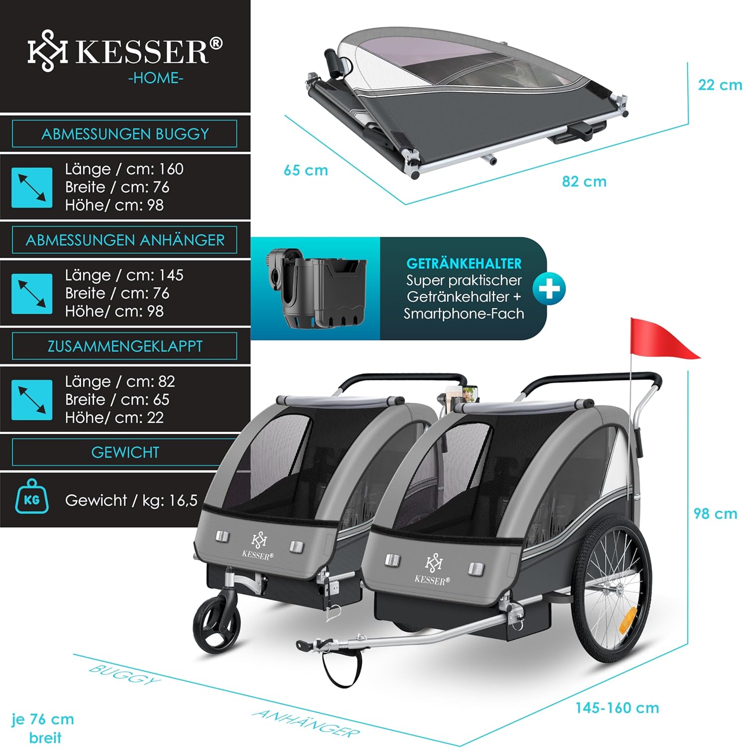 KESSER® Przyczepka rowerowa dla dzieci Sport-RX 2w1 z funkcją jazdy Przyczepka rowerowa dla dzieci + 5-punktowy pas bezpieczeństwa 360°