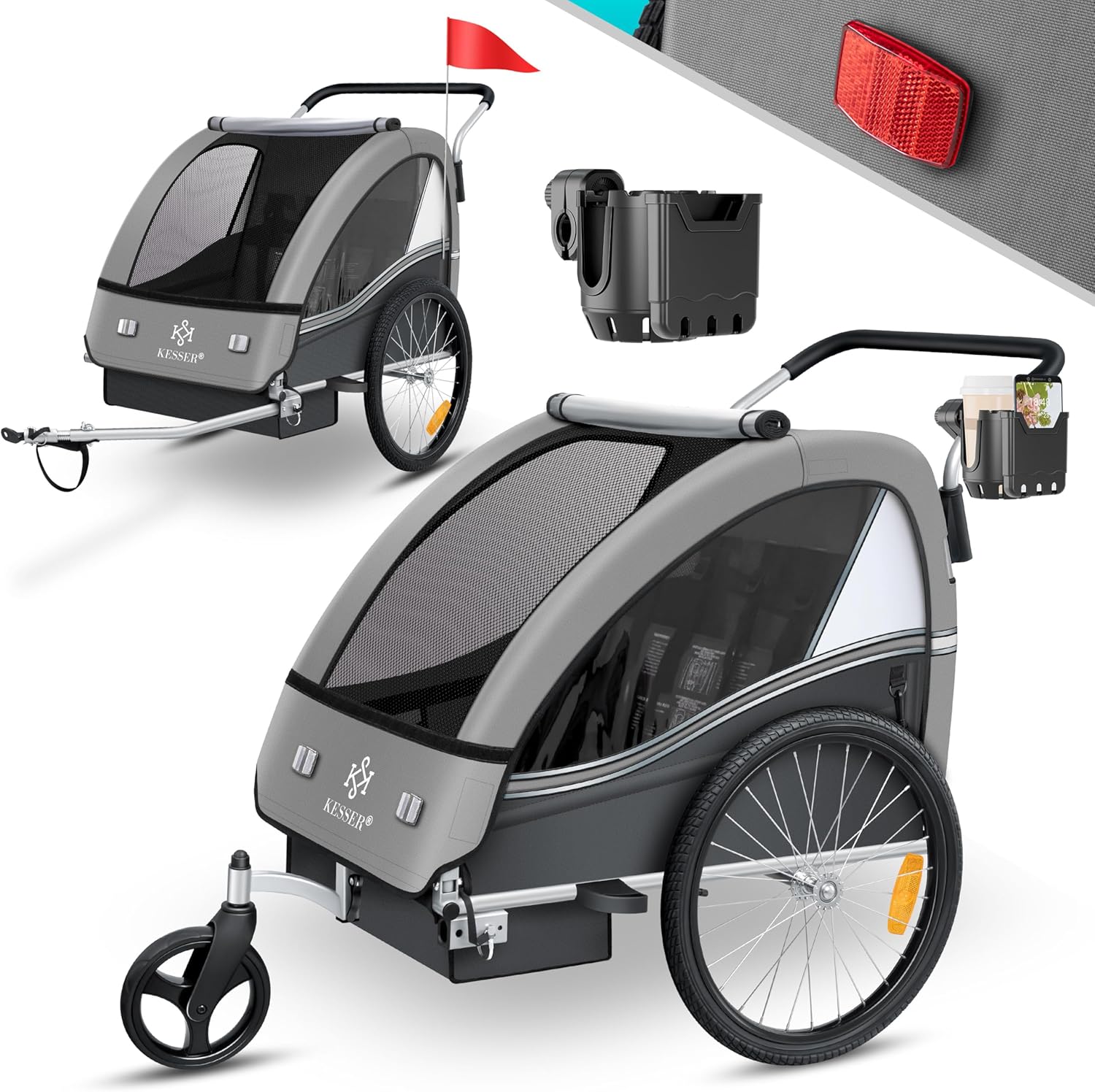 KESSER® Przyczepka rowerowa dla dzieci Sport-RX 2w1 z funkcją jazdy Przyczepka rowerowa dla dzieci + 5-punktowy pas bezpieczeństwa 360°