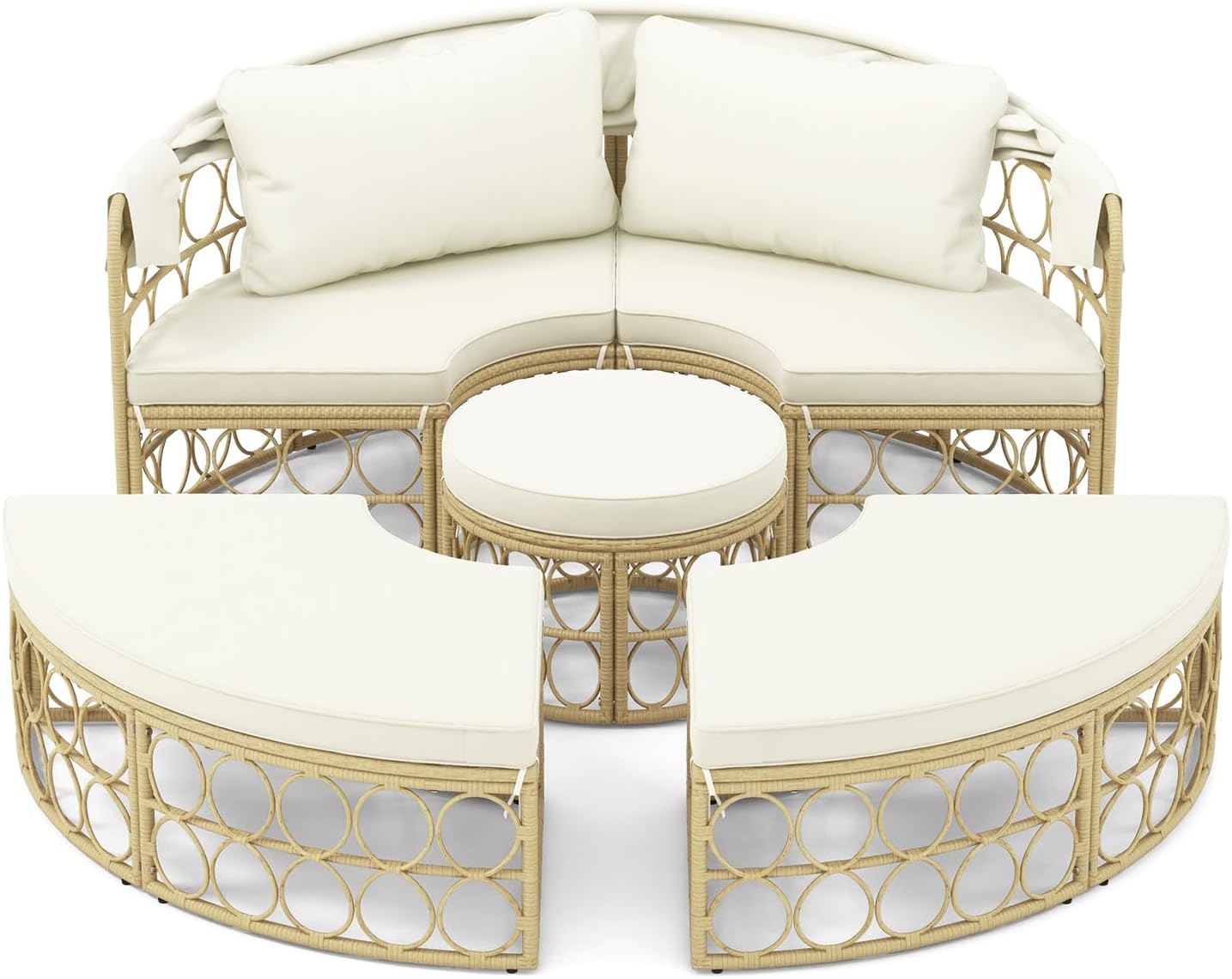 GIANTEX Sofa rozkładana okrągła z wysuwaną markizą, 5-częściowy zestaw mebli ogrodowych PE modułowy leżak rattanowy, zestaw mebli ogrodowych 180 x 150 cm, na werandę, tył, basen, beżowy