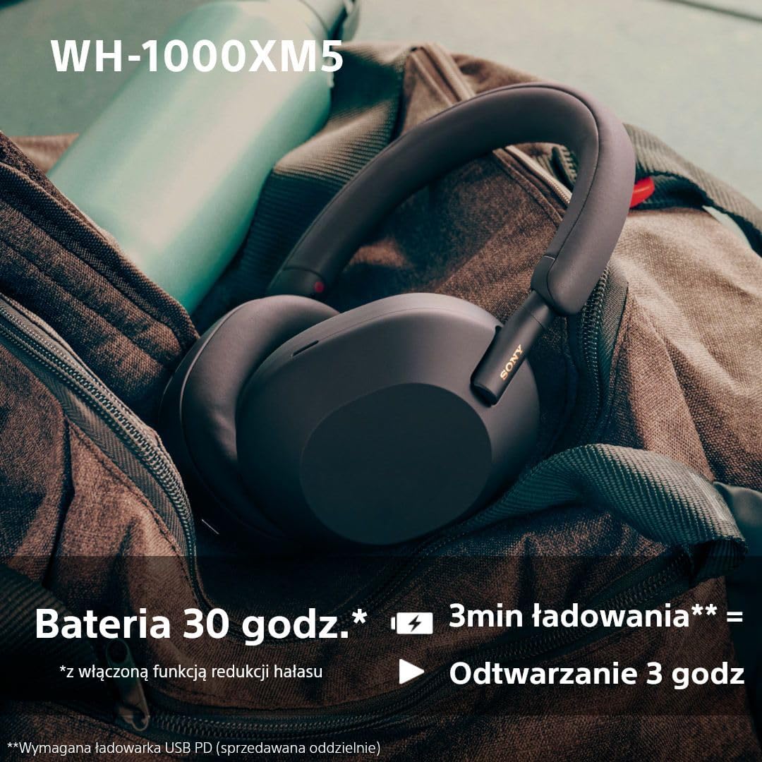 Sony WH-1000XM5 ANC Bezprzewodowe Słuchawki Nausze Z Redukcją Hałasu, Bluetooth, Clear Call Quality, Hi-Res, Do 30H Baterii, Szybkie Ładowanie, Alexa And Google Assistant, Ios And Android - Czarne