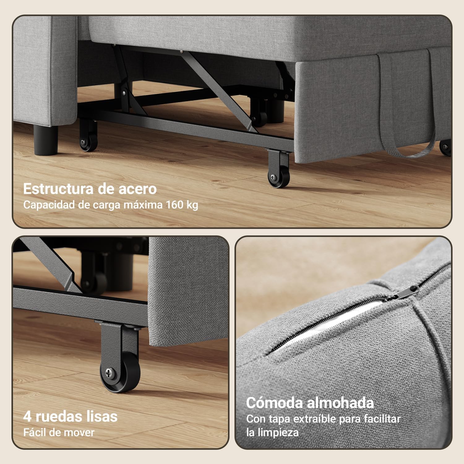 Xbro Fotel Do Spania 3 w 1, Rozkładana Sofa z Funkcją Łóżka, Regulowane Krzesło z Poduszką i Kieszenią, Wielofunkcyjny Fotel na Małe Przestrzenie, Akademiki, Biura