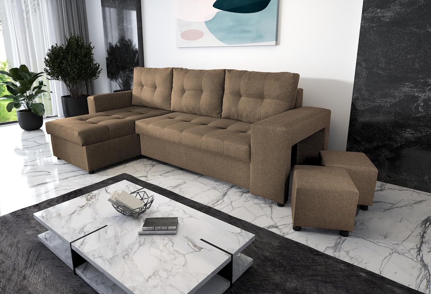 NAWSTOL - Sofa narożna Leon z funkcją spania i skrzynią na pościel – nowoczesna sofa do salonu – możliwość montażu z lewej lub prawej strony (szara + biała sztuczna skóra)