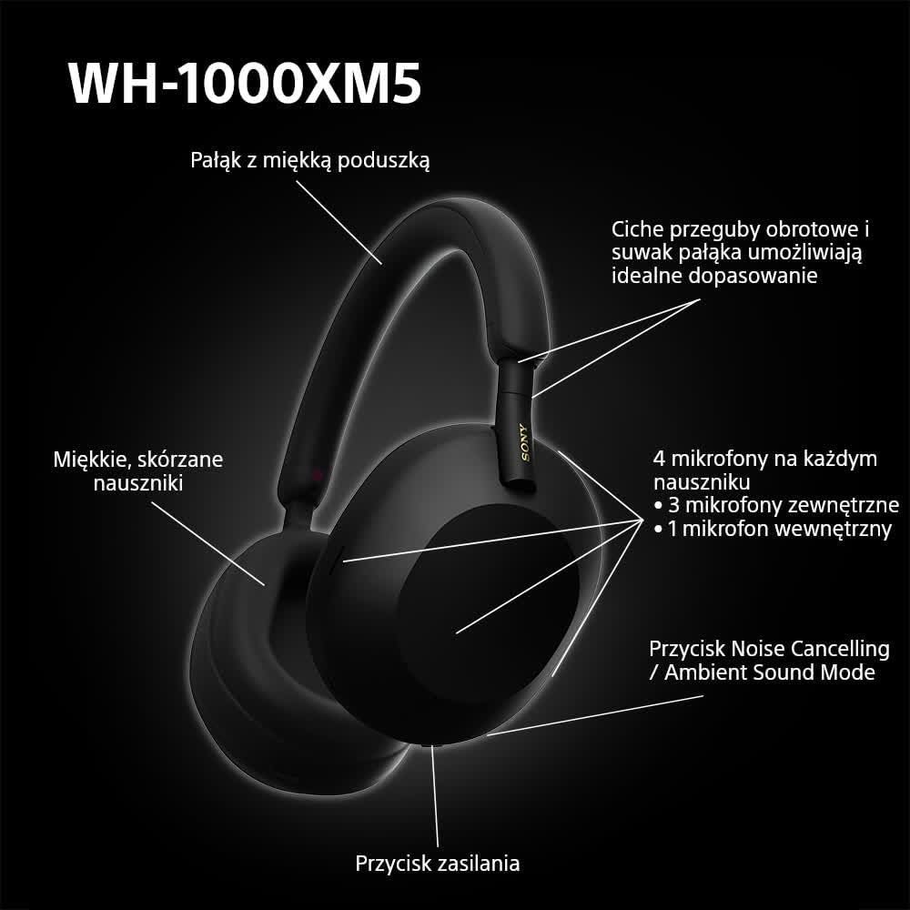 Sony WH-1000XM5 ANC Bezprzewodowe Słuchawki Nausze Z Redukcją Hałasu, Bluetooth, Clear Call Quality, Hi-Res, Do 30H Baterii, Szybkie Ładowanie, Alexa And Google Assistant, Ios And Android - Czarne