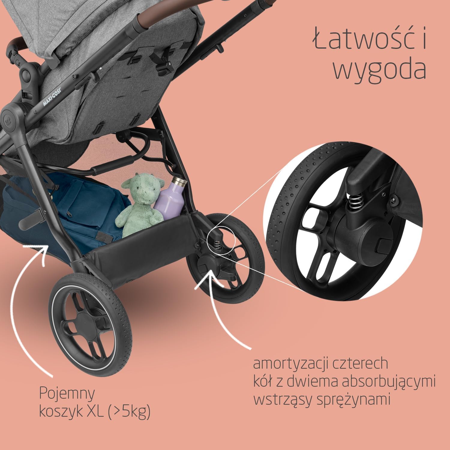 Maxi-Cosi Zelia S Trio Wielofunkcyjny Wózek Dziecięcy 3w1, 0–4 Lata, do 22 kg, Składany, Kompakt i Odchylany Wózek Spacerowy z Fotelik Samochodowy CabrioFix S i-Size i Torbą z Akcesoriami, Szary
