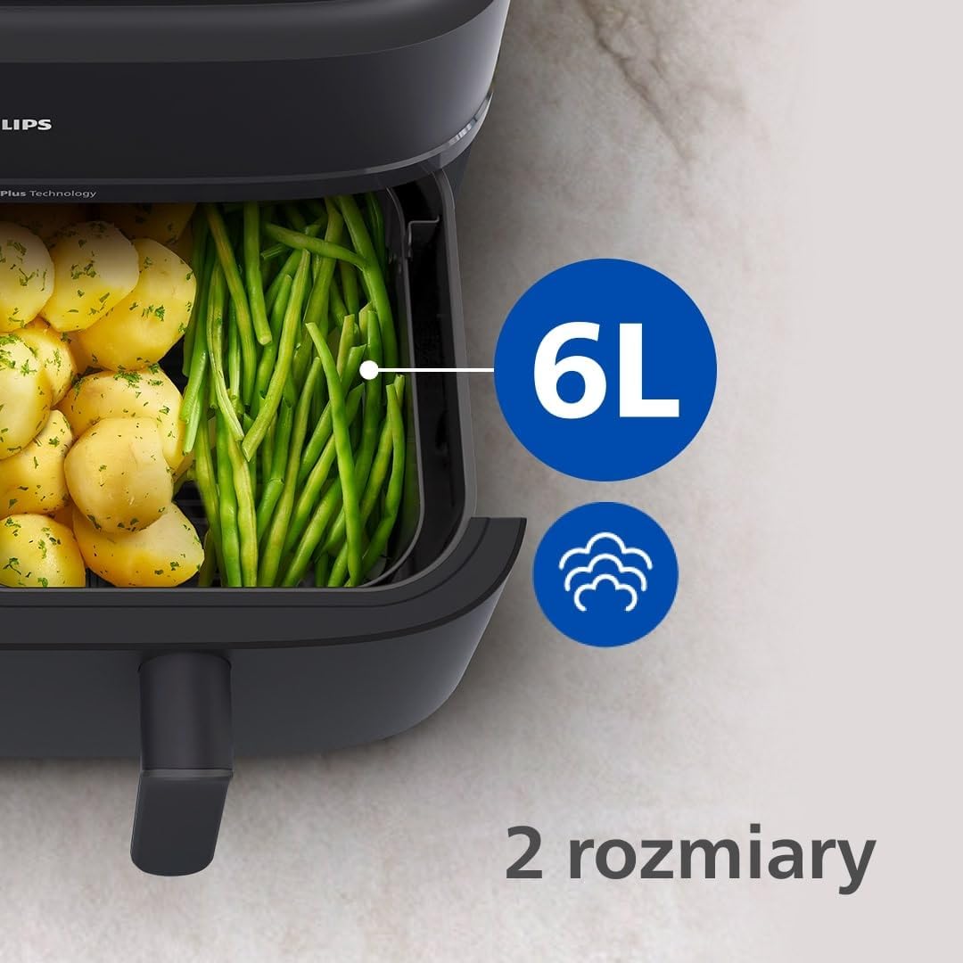 Philips Airfryer 5000 Serii Dual Basket z Technologią Air Steam oraz RapidAir Plus - pojemność 9L, 19 sposobów gotowania, 90% mniej tłuszczu, 2 kosze, czyszczenie parą, akcesoria (NA550/00)