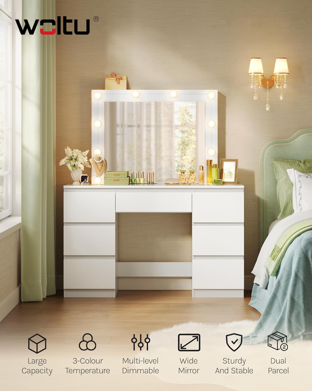 WOLTU MB6124ws Toaletka z oświetleniem i wieloma gniazdkami, toaletka z dużym lustrem LED i 7 szufladami, biurko do makijażu, 110 x 39,5 x 140,5 cm, biała nowoczesna komoda do sypialni