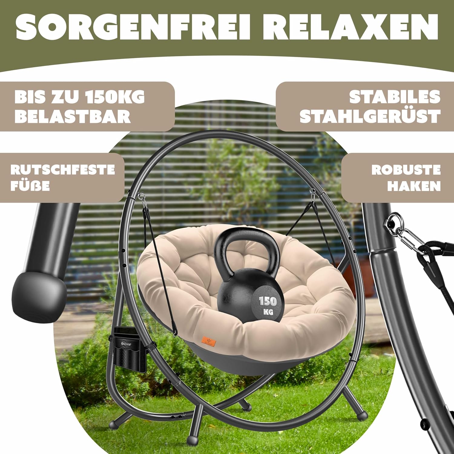 KESSER® Fotel wiszący ze stalowym stelażem, huśtawka, do 150 kg, do użytku wewnątrz i na zewnątrz, z poduszką i kieszenią boczną, kosz wiszący, piankowa poduszka, idealny do salonu i ogrodu