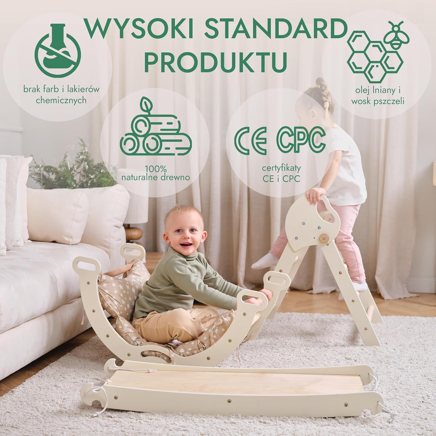 Zestaw wspinaczkowy 5 w 1 Montessori - drewniana siłownia z trójkątną drabinką i łukiem oraz rampą wspinaczkową, siatką i poduszką - rama wspinaczkowa dla maluchów w wieku 1-7 lat w rozmiarze XL