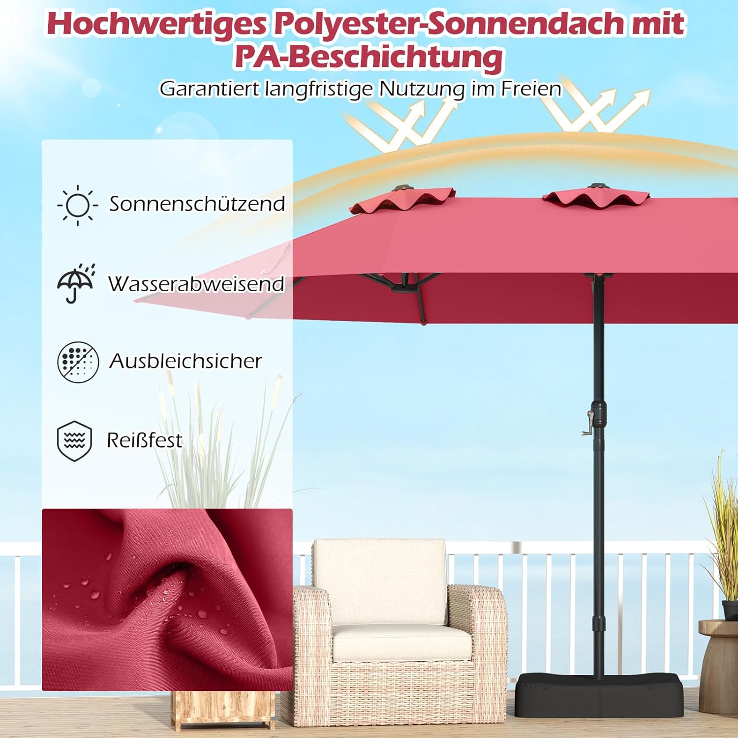 COSTWAY Parasol przeciwsłoneczny, prostokątny, 300 x 300 cm, duży parasol przeciwsłoneczny z korbą, parasol ogrodowy, odchylany o 360°, parasol tarasowy, do ogrodu, na taras, balkon (czarny)