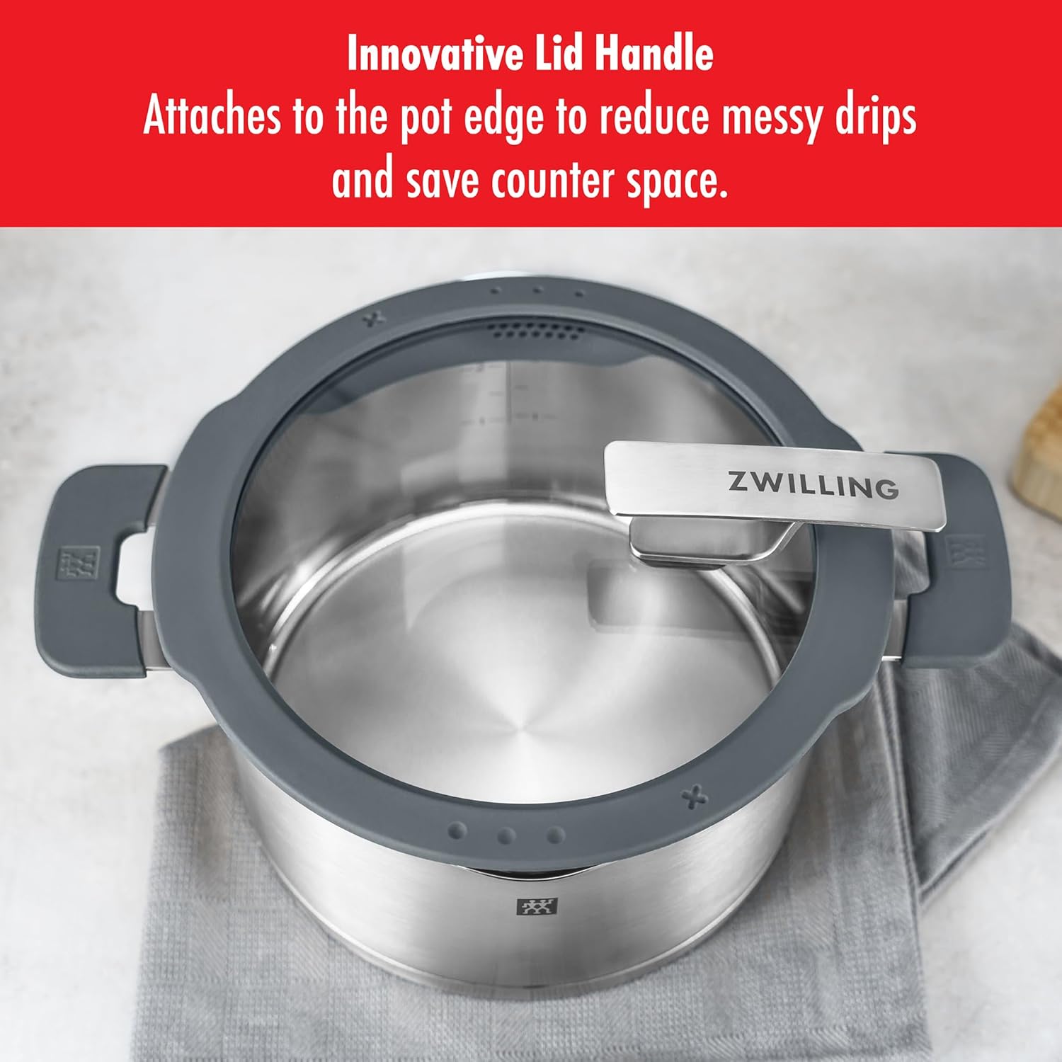 ZWILLING Uproszczony zestaw garnków ze stali nierdzewnej, 5 sztuk, ze zintegrowanym sitem w pokrywie, nadaje się do indukcji, srebrno-czarny